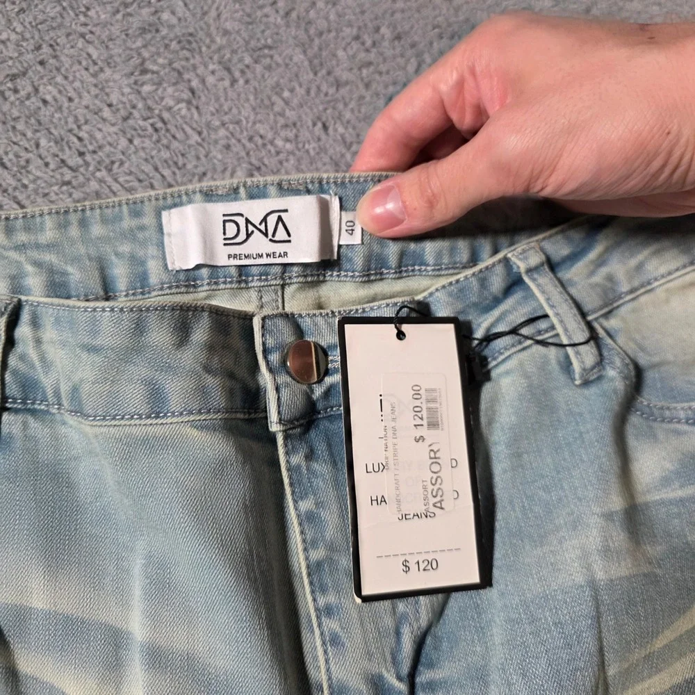 DNA Mens 40 Distressed Jeans Light Wash Blue Rhinestone Side Stripe Streetwear